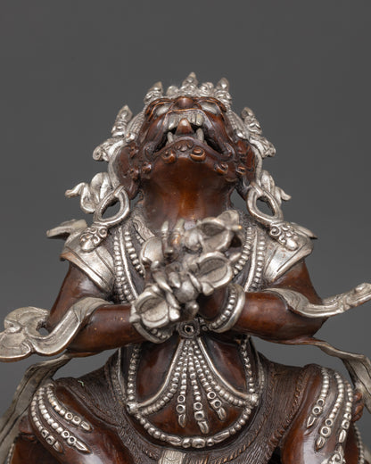 Close up of Dorje Khadro crown and ornate jewelry on silver-plated Vajradhaka Statue
