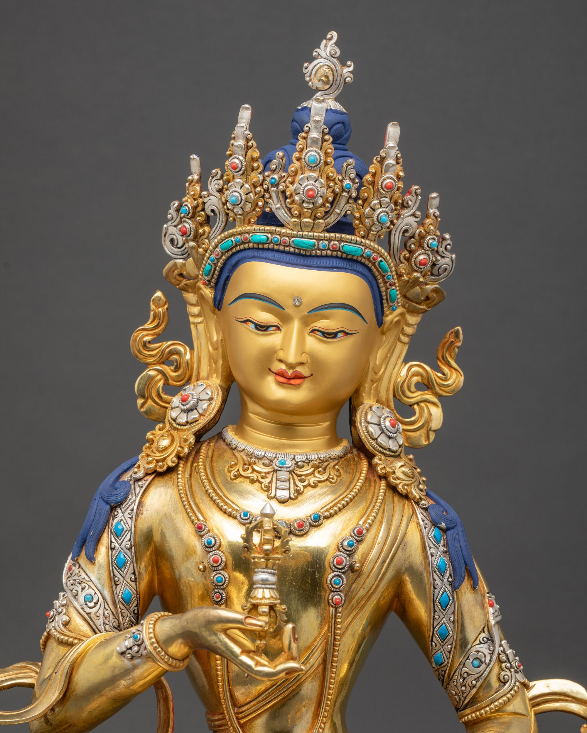 Close up of Dorje Sempa crown robe with semi-precious stones handcrafted in Nepal