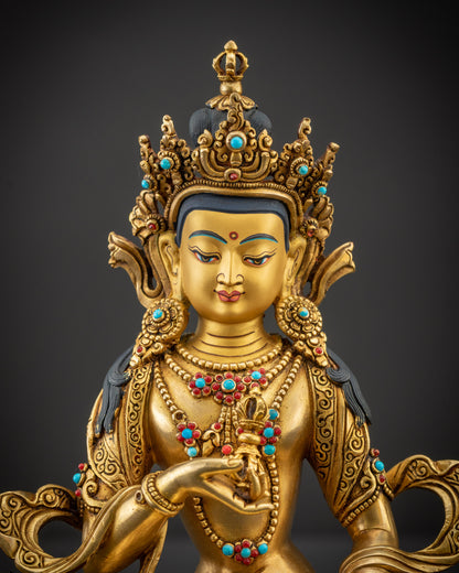 Close up of Dorje Sempa holding Vajra and Bell with flowing robe and intricate details

