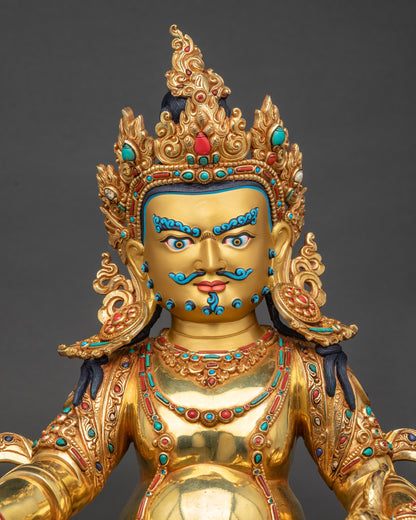 Close up of Dzambhala statue showing intricate fire gilded gold and lost wax craftsmanship