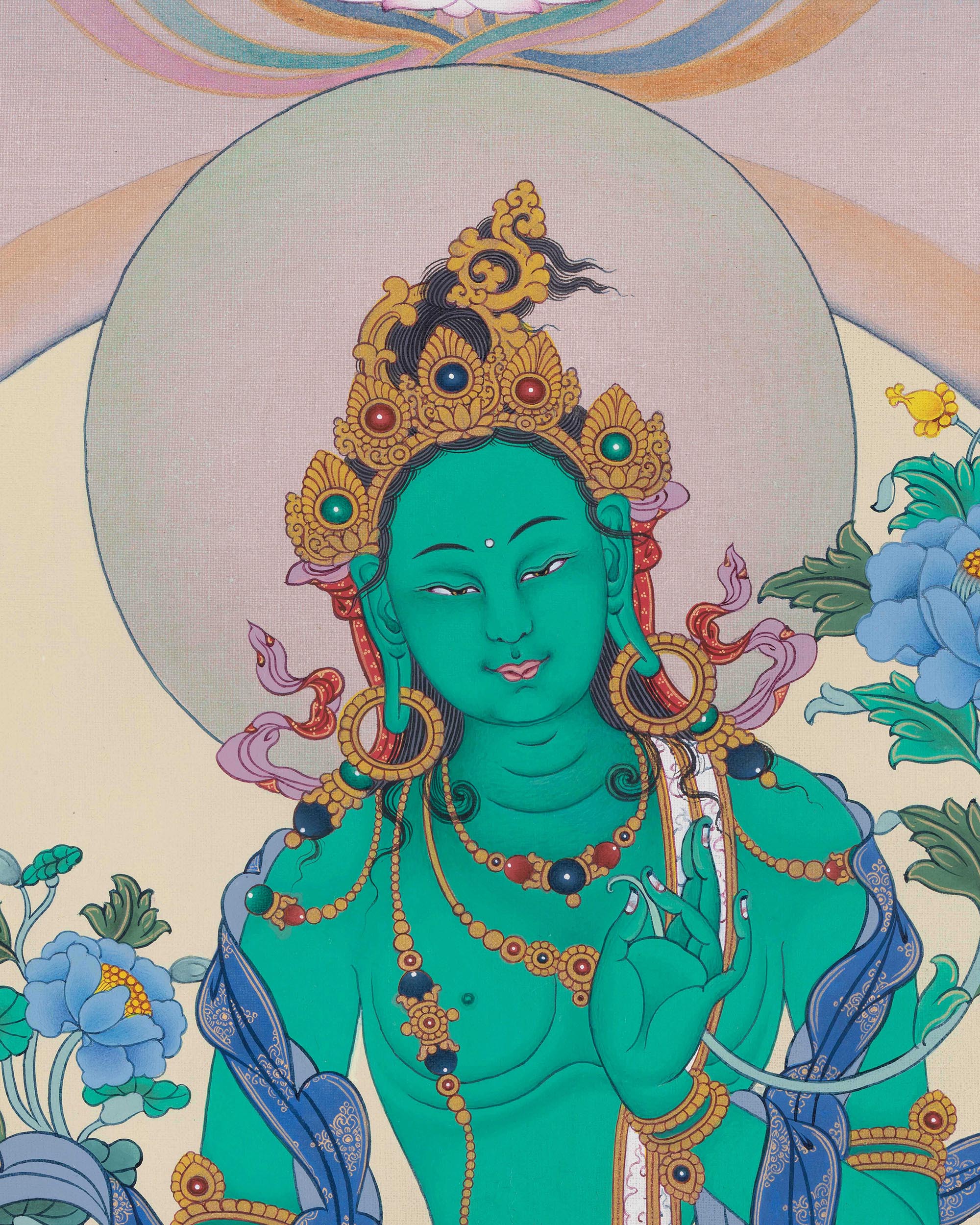 Close up of Green Tara Thangka print showing Varada and Vitarka mudra gestures
