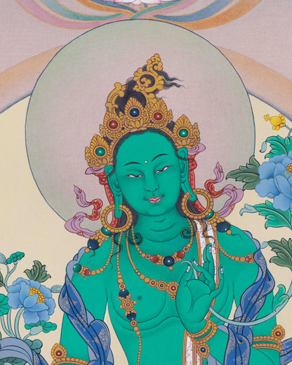 Close up of Green Tara Thangka print showing Varada and Vitarka mudra gestures