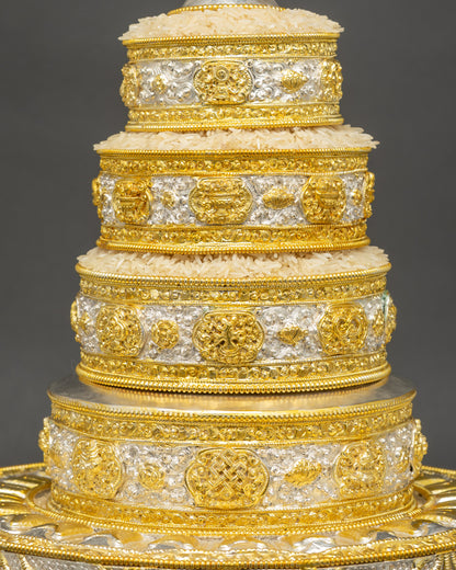 Close up of Himalayan handcrafted mandala showing intricate filigree and gold-plated details