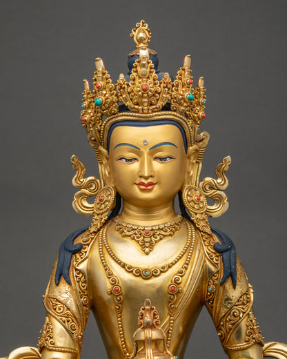 Close up of Jizo Kshitigarbha statue showing crown jewelry and intricate carved robe