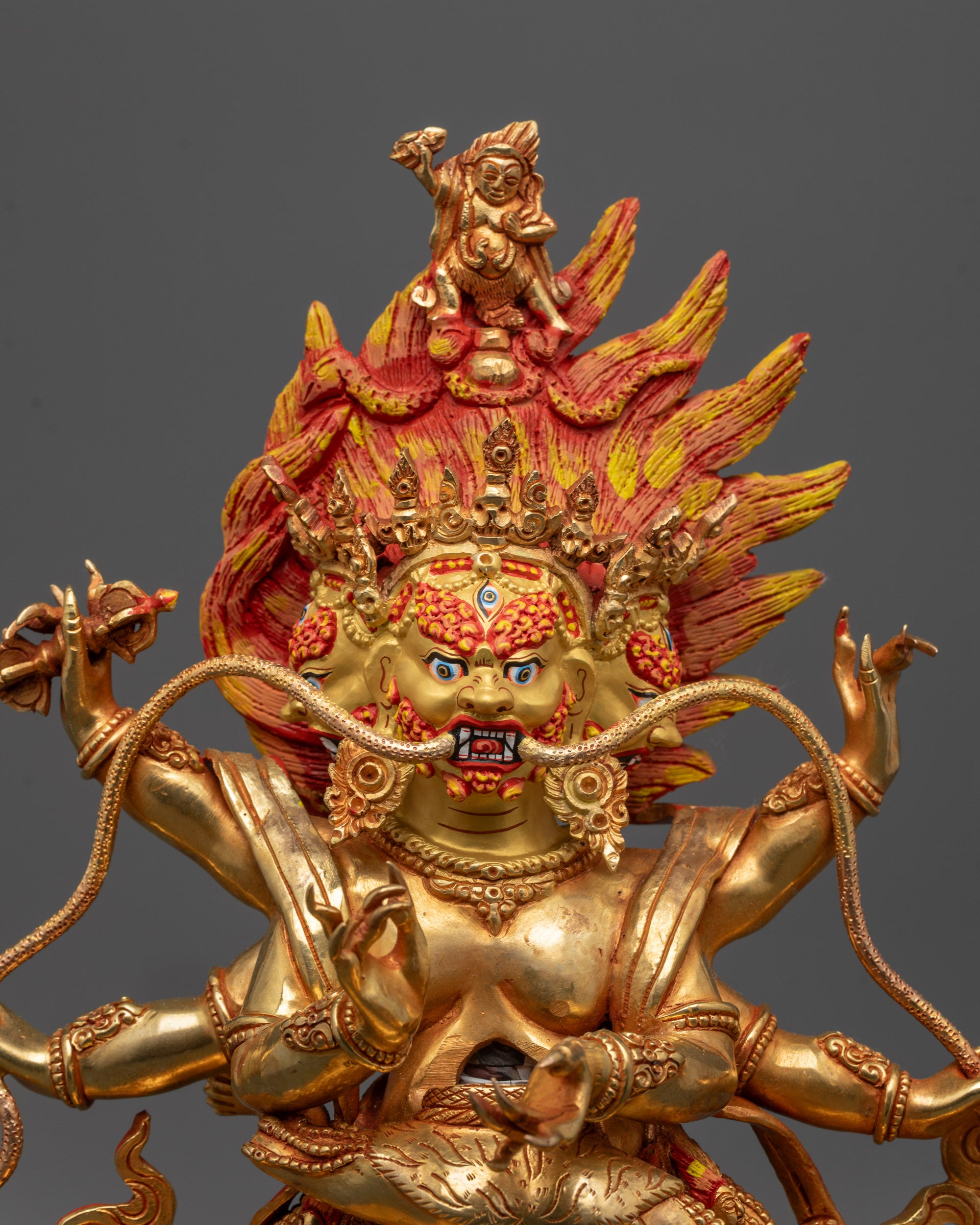 Close up of Mahachakra Vajrapani Consort Statue showing intricate jewelry and five-skull crown