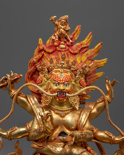 Close up of Mahachakra Vajrapani Consort Statue showing intricate jewelry and five-skull crown