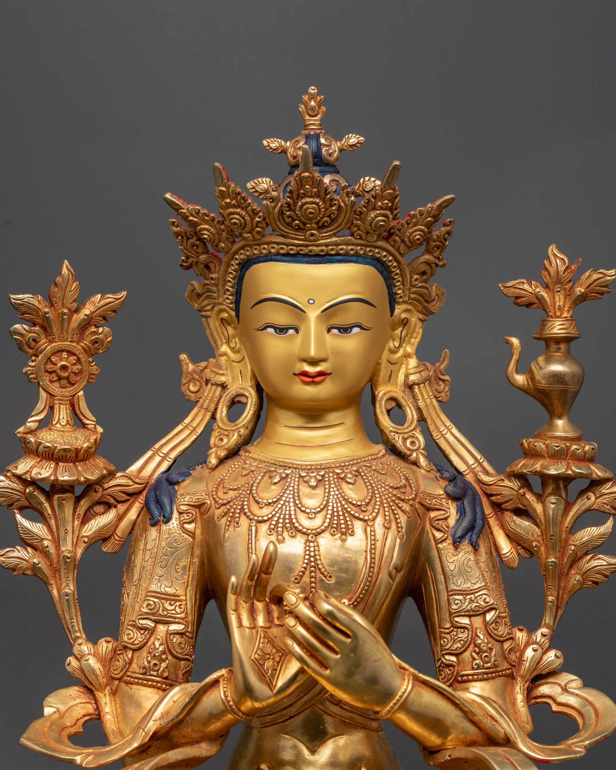 Close up of Maitreya Buddha Statue showing intricate Five-Jeweled Crown and floating robe