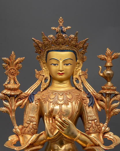 Close up of Maitreya Buddha Statue showing intricate Five-Jeweled Crown and floating robe