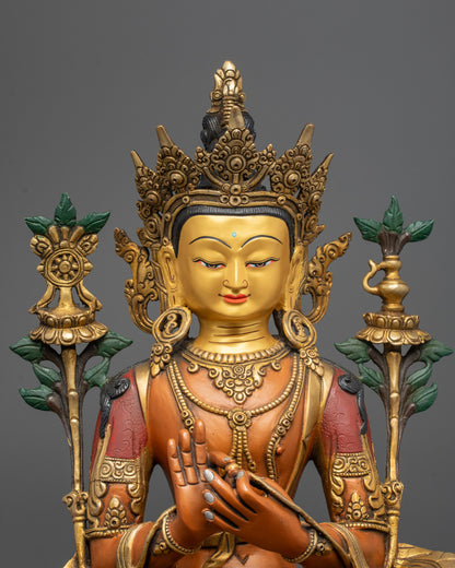 Close up of Maitreya Buddha's Five-Jeweled Crown and dharmachakra mudra details