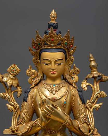 Close up of Maitreya Buddha sculpture showing intricate robe patterns and Dharmachakra Mudra
