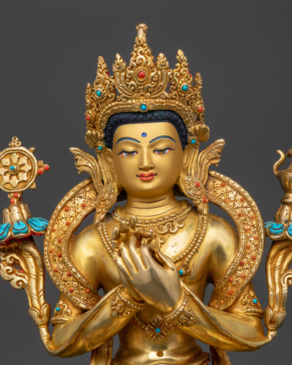 Close up of Maitreya Buddha statue showing crown, robes, and gold-gilded finish