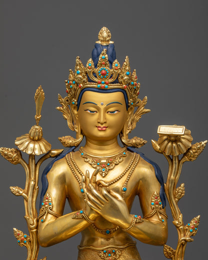 Close up of Manjushri gold-gilded face with five-jeweled crown