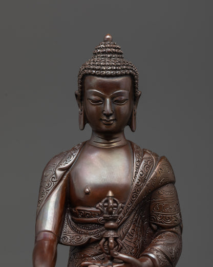 Close up of Mitrugpa Buddha’s face and intricate carvings on oxidized copper statue