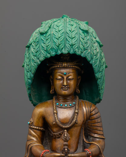 Close up of Mitrugpa statue showing semi precious stones and detailed craftsmanship