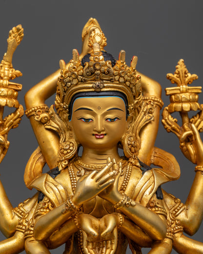 Close up of Namasangati Statue showing fiery sword, arrow, and intricate carved details