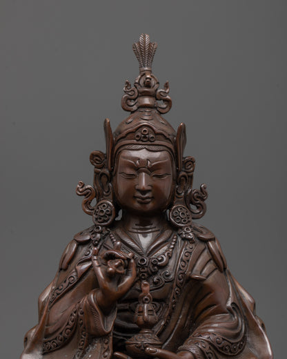 Close up of Oxidized Tsokye Dorje Statue’s oxidized copper face and intricate khatvanga trident