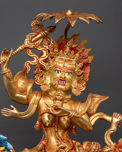 Close up of Palden Lhamo goddess showing skull crowns and intricate jewelry details