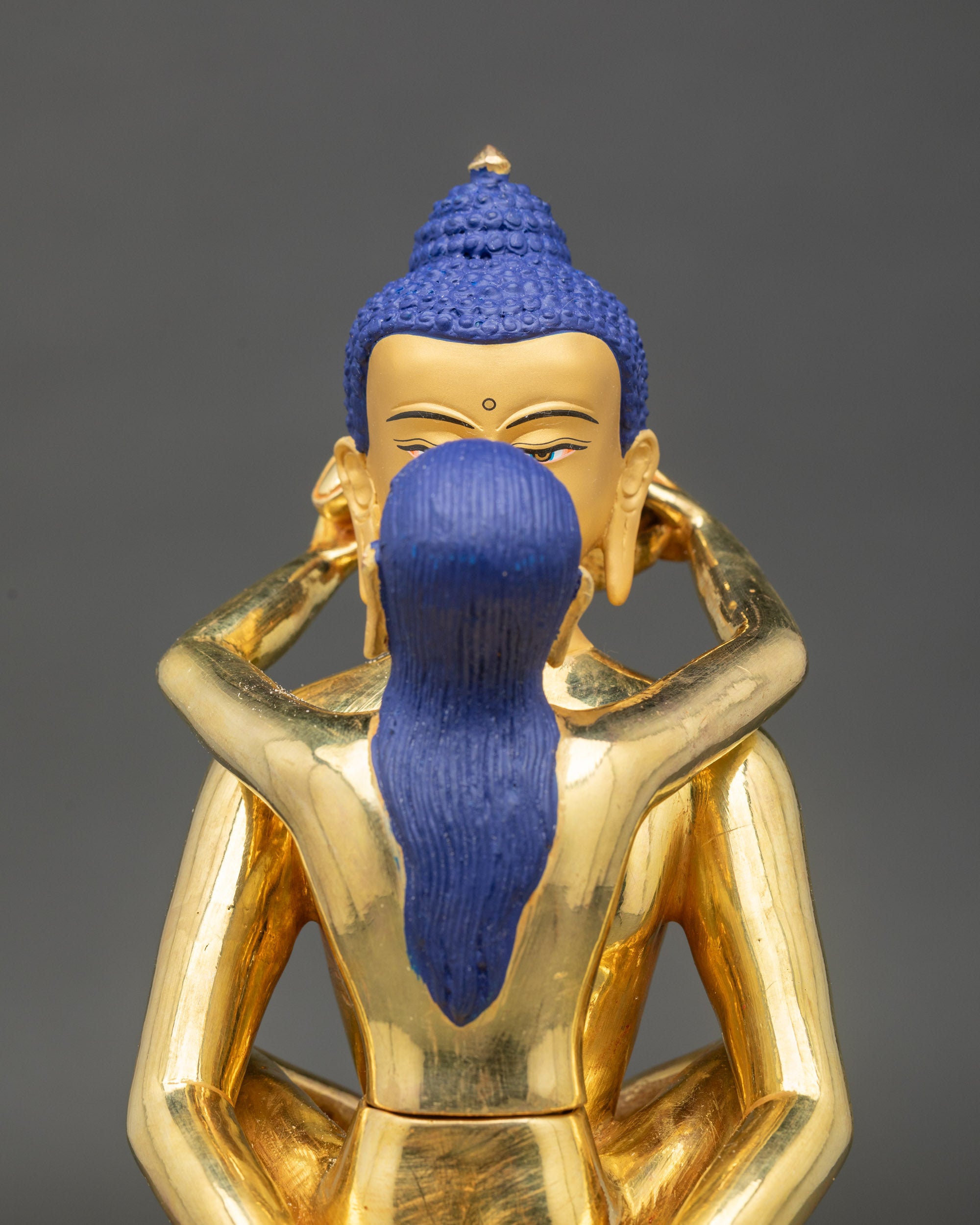 Close up of Samantabhadra meditation sculpture, handcrafted Tibetan art