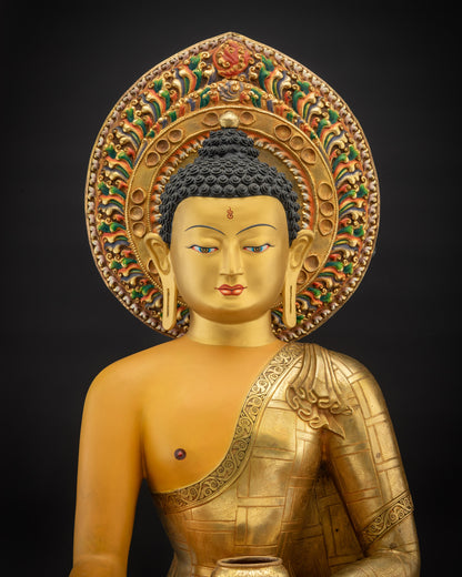 Close up of Shakyamuni Buddha Siddhartha Gautama peaceful face meditation decor
