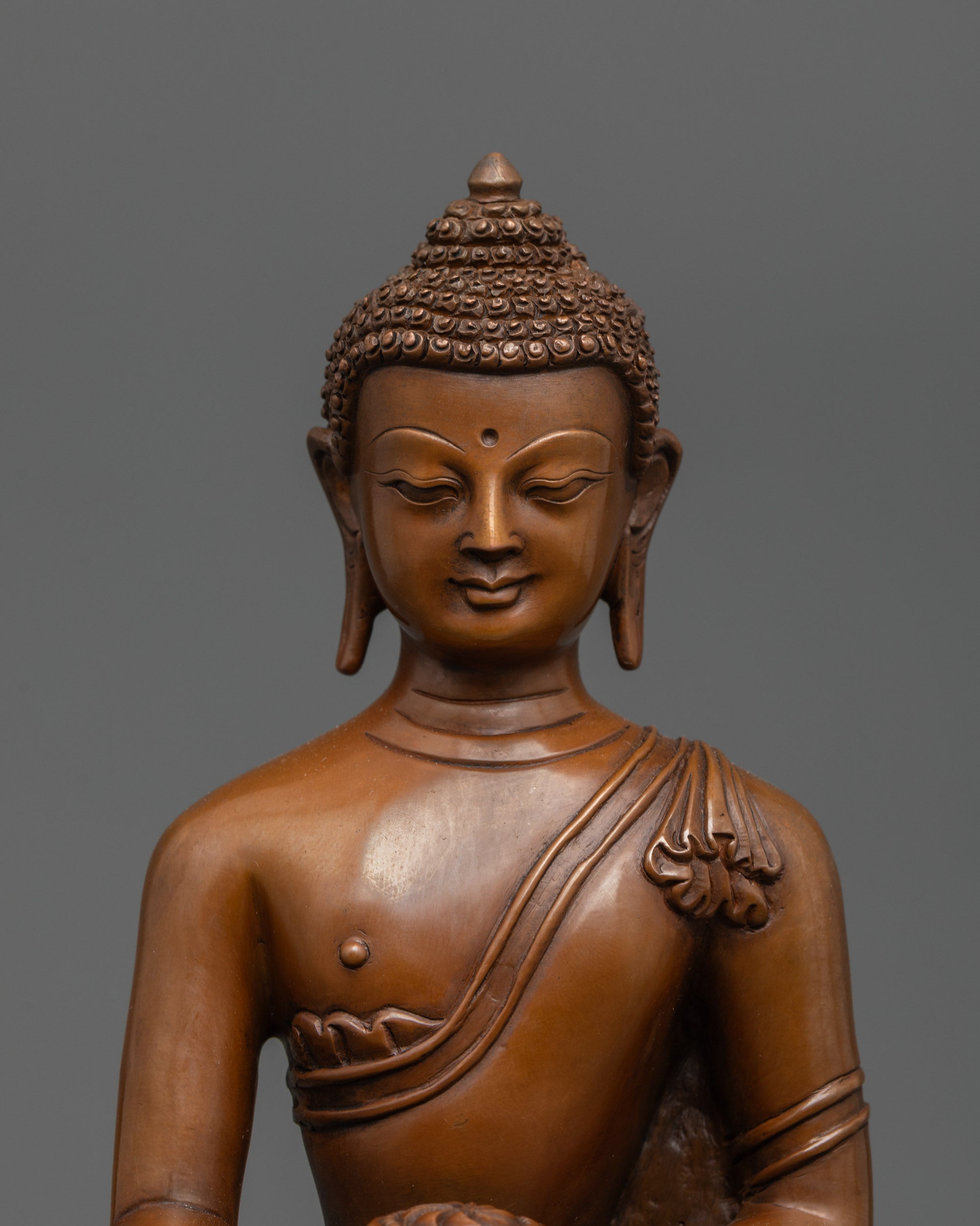 Close up of Shakyamuni Buddha statue showing calm face and earth-touching mudra