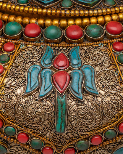 Close up of Tibetan Auspicious Rice Pot showing copper filigree and floral stone patterns
