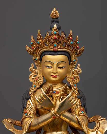Close up of Vajradhara Yab Yum statue showing intricate crown, robe, and semi-precious stones