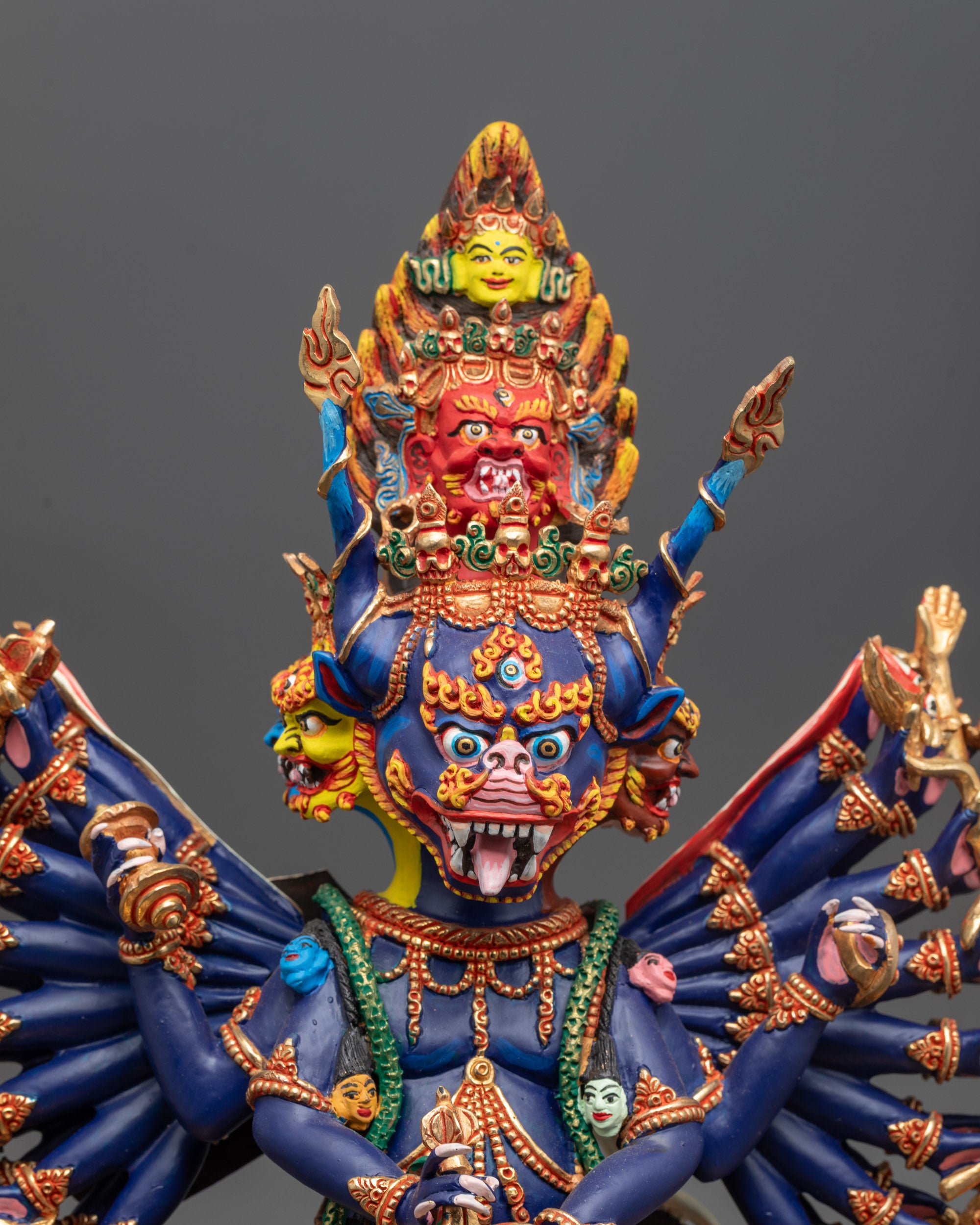 Close up of Yamantaka Statue showing kartika knife kapala and skull garland details