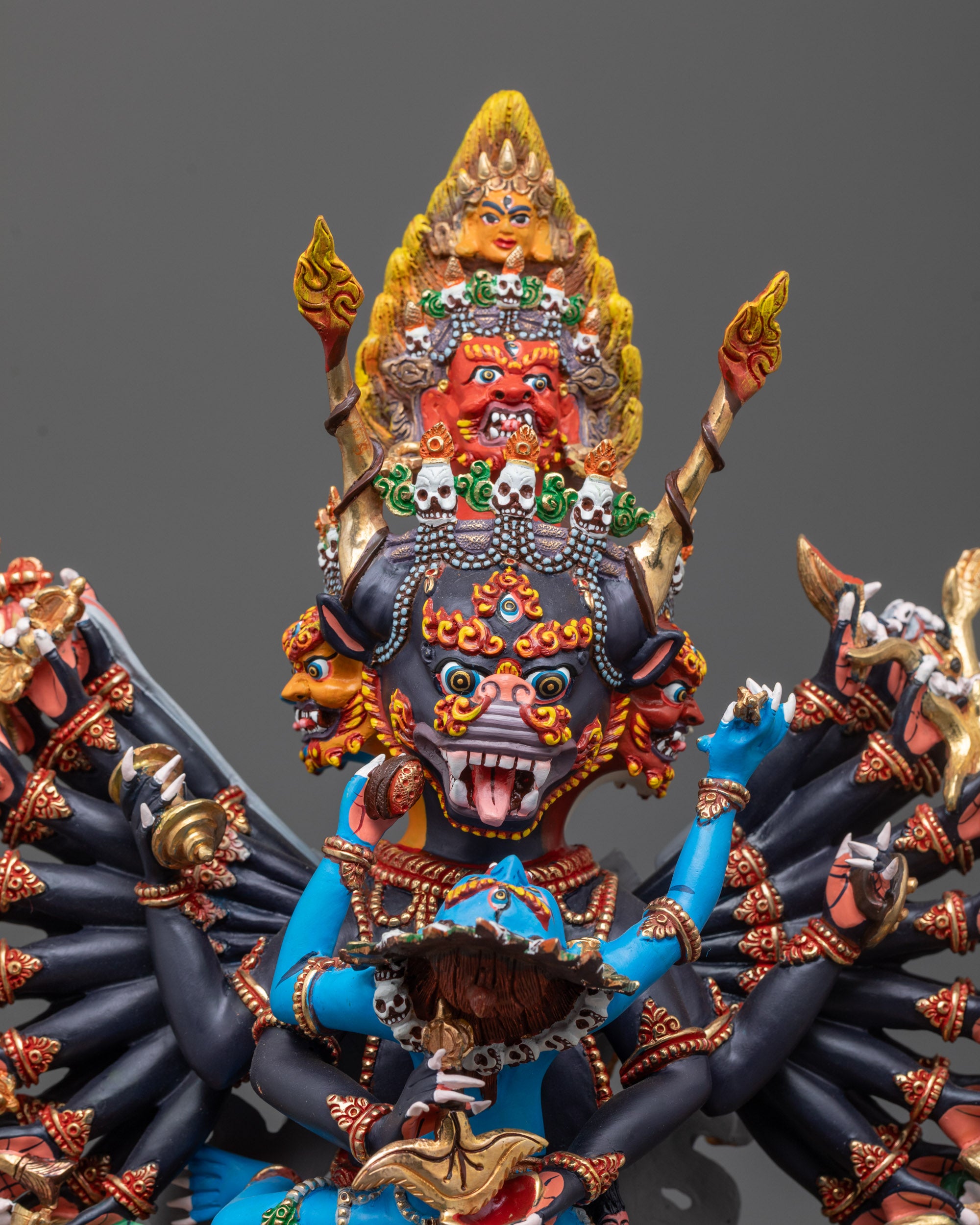 Close up of Yamantaka with Vajravetali highlighting kartika knife, kapala, and skull garland