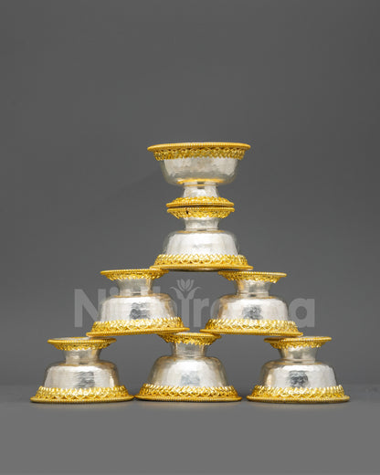 Close up of deity inside Water Offering Bowl, detailed filigree & semi-precious stones