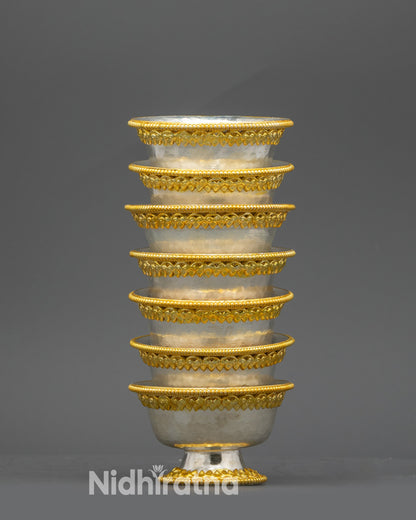 Close up of deity inside Water Offering Bowl, intricate gold & silver filigree details