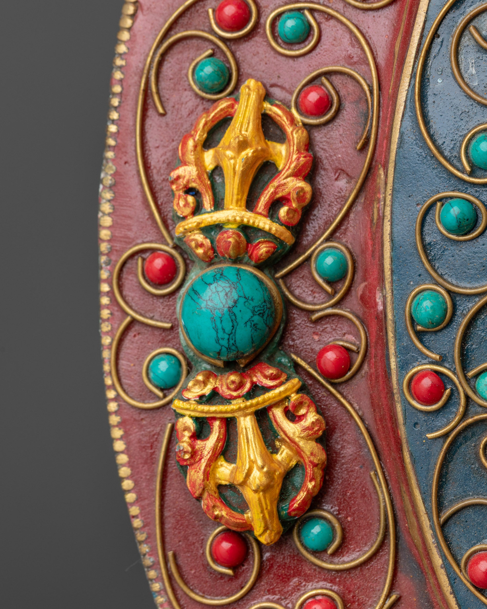 Close up of gold plated floral and filigree design on the Kalachakra Mandala Wall Decor