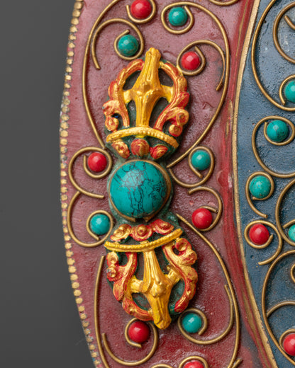 Close up of gold plated floral and filigree design on the Kalachakra Mandala Wall Decor