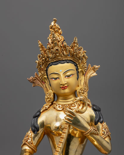Close up of intricate carvings on Saraswati statue’s gold fire-gilded body and veena details
