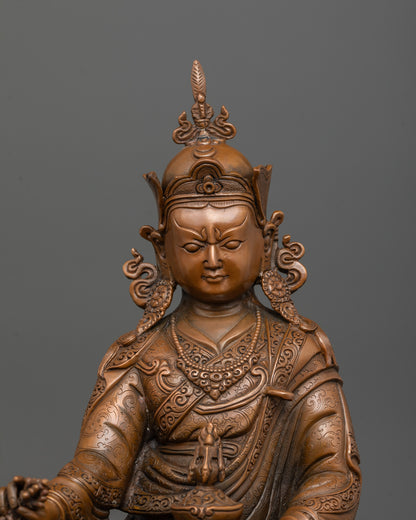 Close up of oxidized copper surface showing brownish hue on Guru Padmasambhava statue