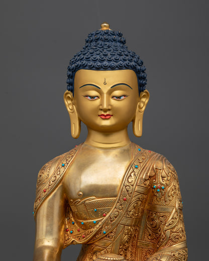 Close up of serene facial expression and intricately carved monk robe on Buddha statue
