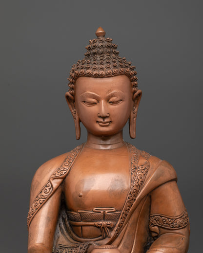Close up of tranquil expression on Oxidized Shakyamuni Buddha Statue