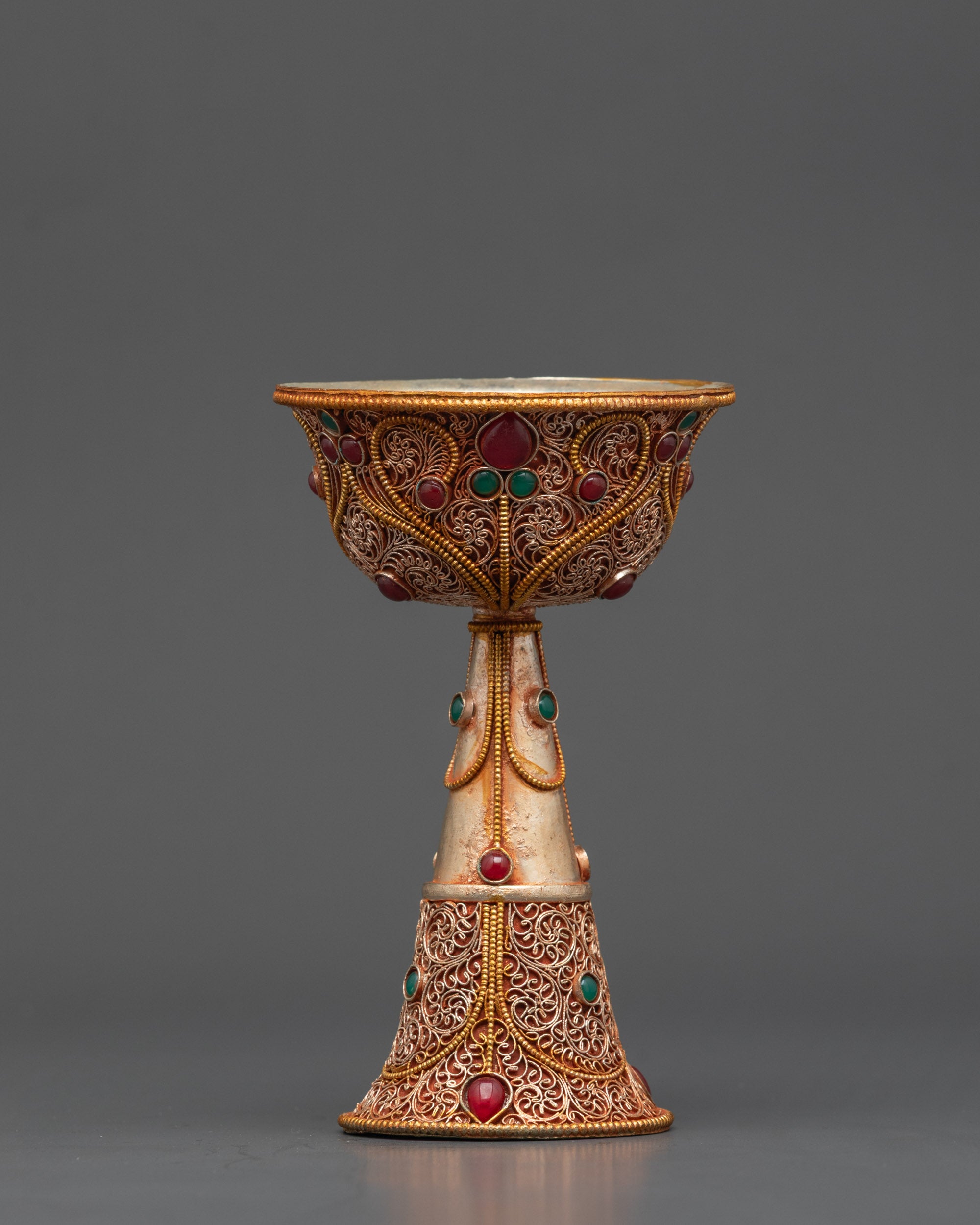 Close up of upper Serkyem of 6-inch Tibetan Offering Bowl showing gold-plated filigree and gemstones

