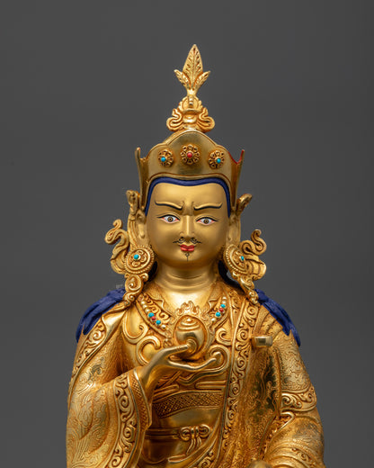 Close up semi-wrathful face and intricate crown with semi-precious stones
