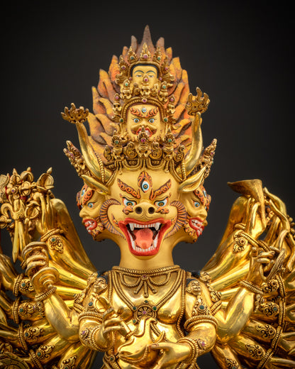 Close up showing Yamantaka Masterpiece’s intricate 3D carvings, gold fire-gilded details, and ritual attributes