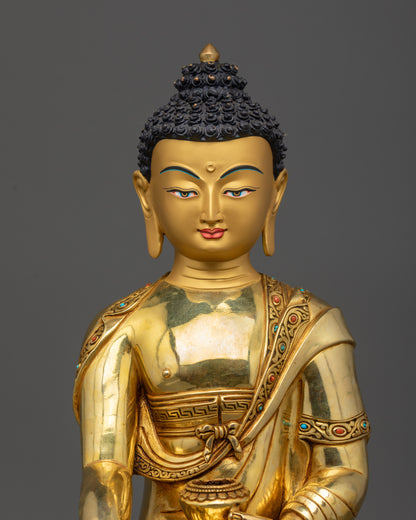 Close up half-body view of fire-gilded Shakyamuni Buddha holding alms bowl
