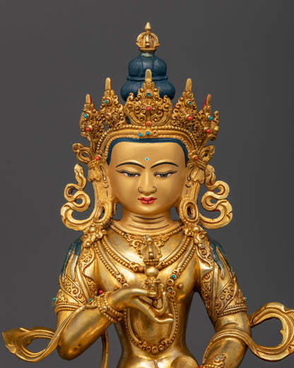 Close view of Vajrasattva deity with 24K gold face and intricate fire gilded details