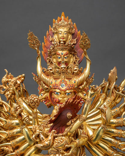 Close view of Yamantaka union statue showing gold gilding and intricate carvings