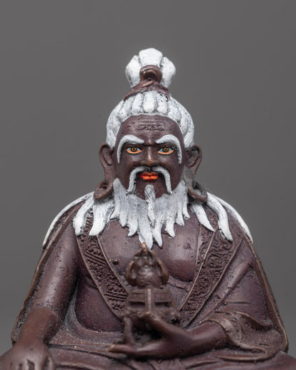 Closeup of Thang Tong Gyalpo statue’s face and acrylic accents on beard and hair