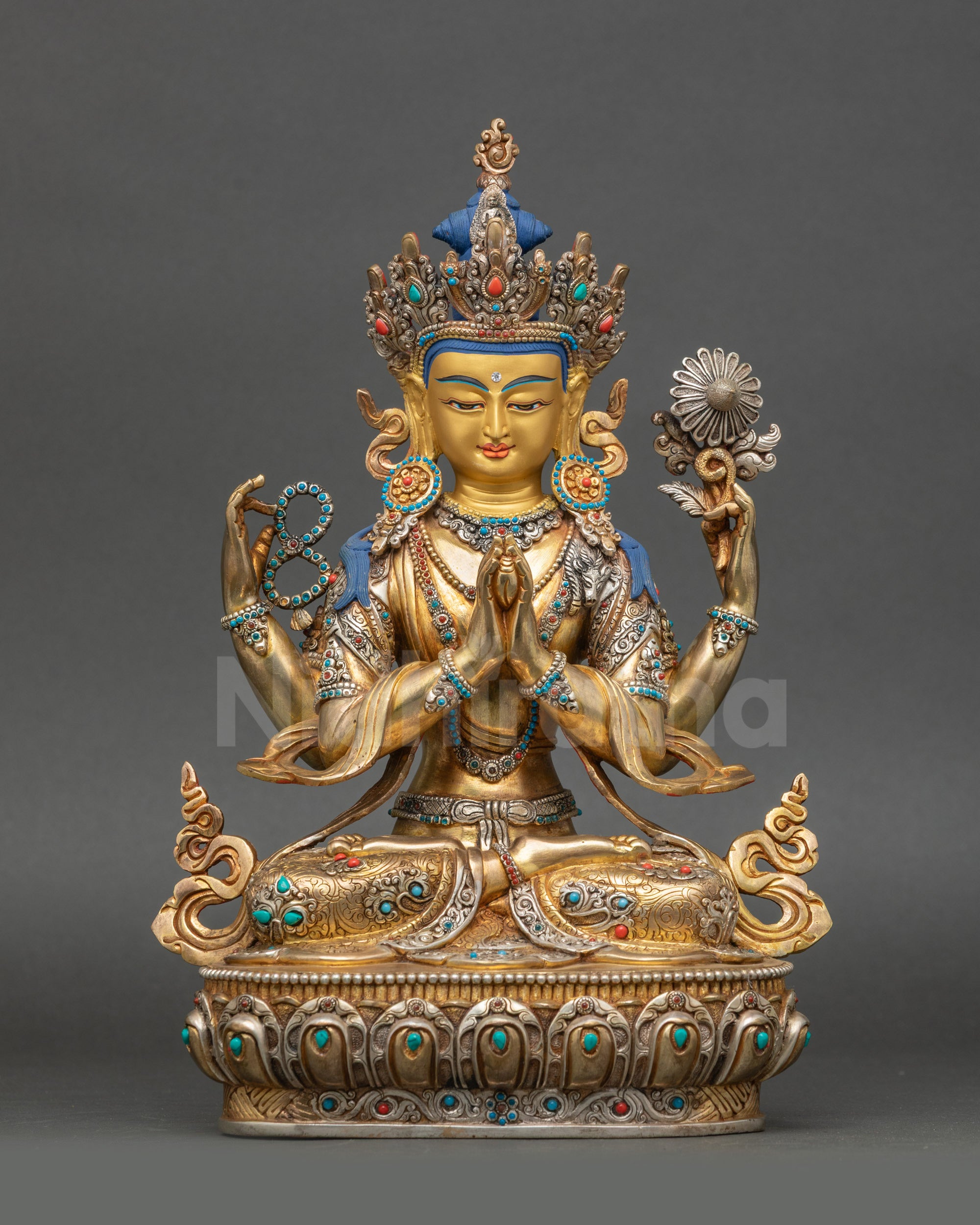 Compassionate Avalokiteshvara statue gold-gilded copper with lotus and jewelry