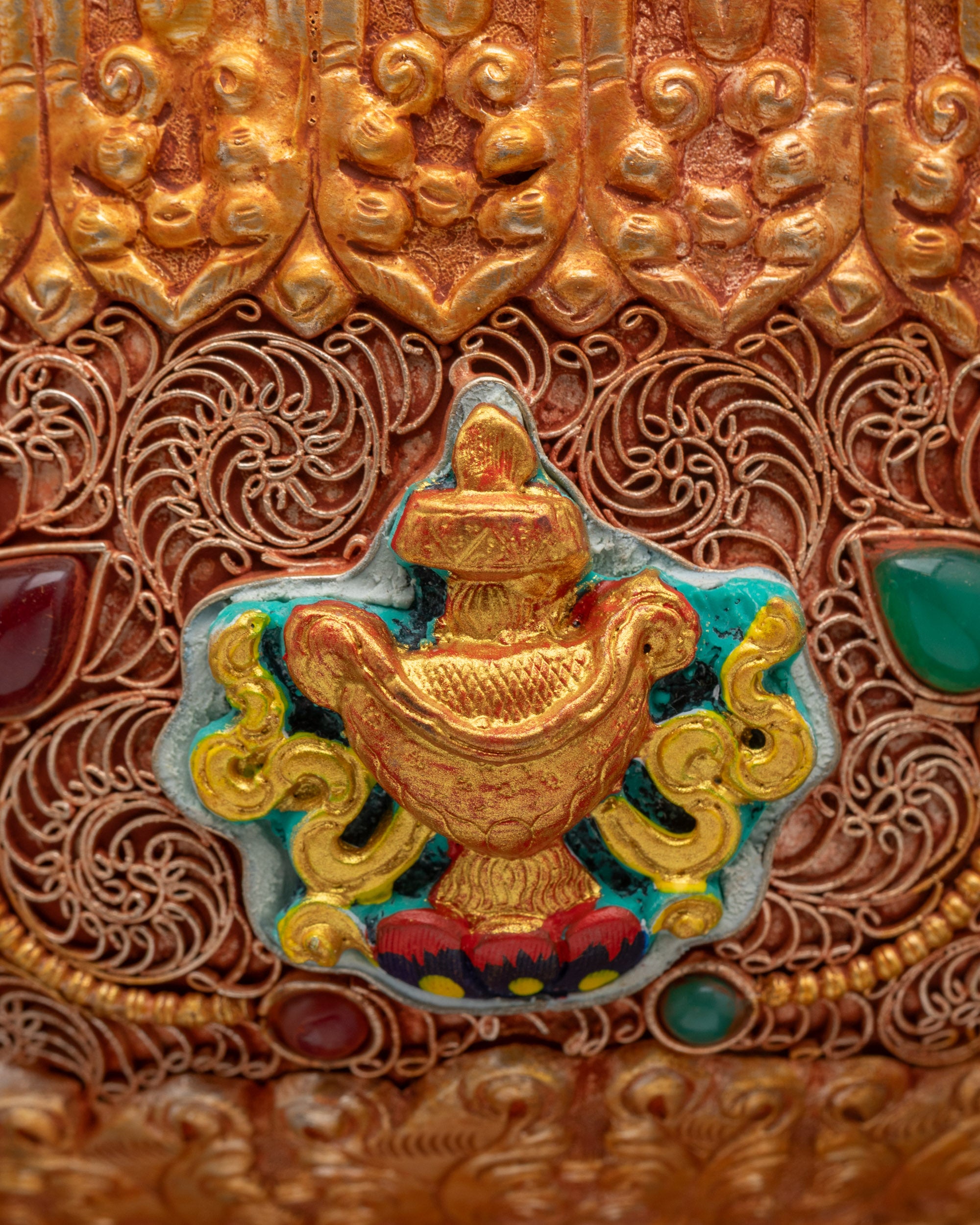 Copper Butter Lamp Featuring Eight Auspicious Symbols and Floral Motifs