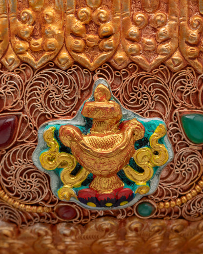 Copper Butter Lamp Featuring Eight Auspicious Symbols and Floral Motifs