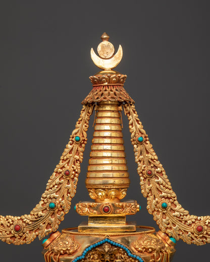 Copper Fire Gold-Gilded Buddhist Stupa with turquoise and coral stones