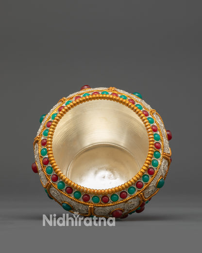 Copper Tibetan ritual pot adorned with emerald and coral semi-precious stones