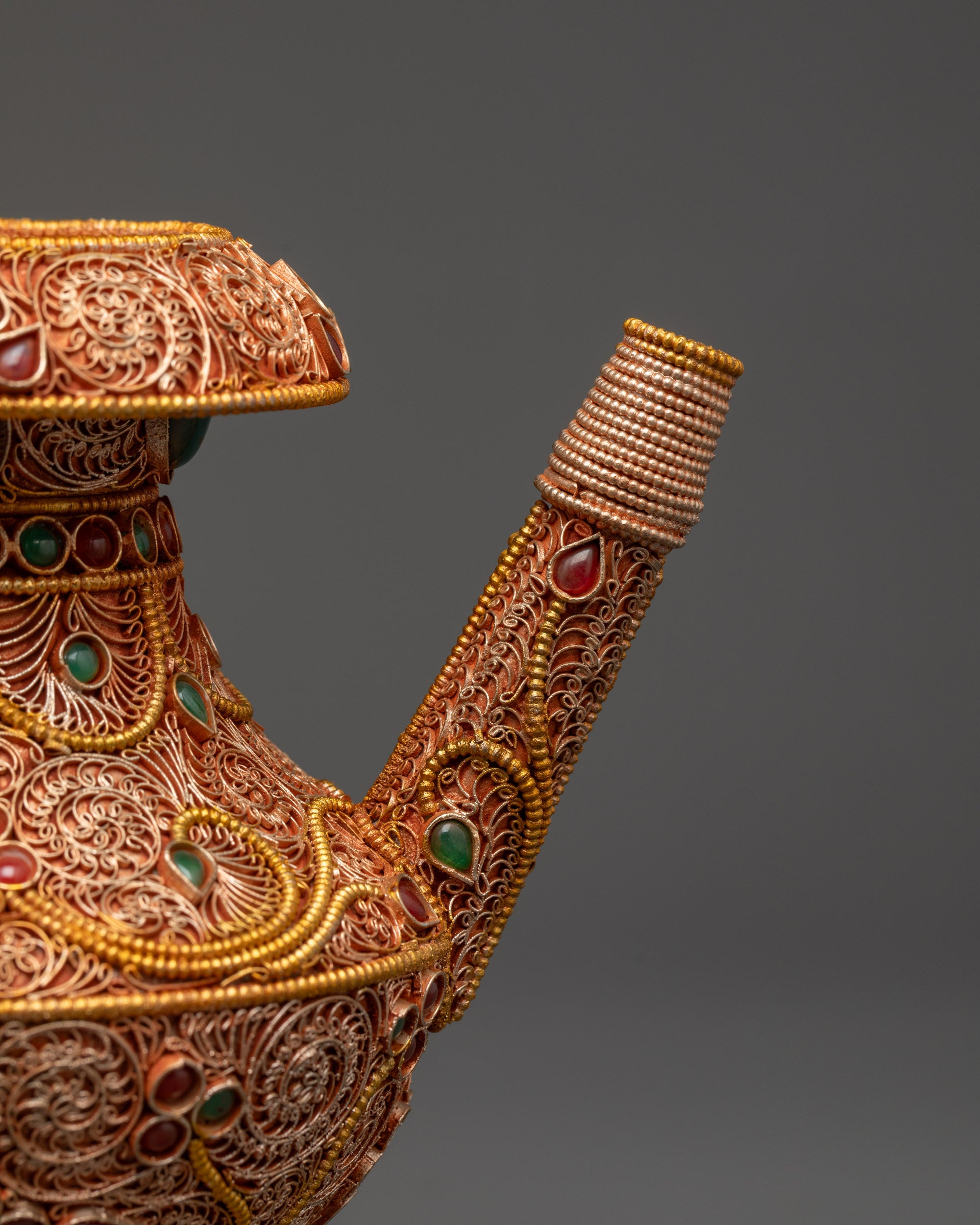Copper and Gold-Plated Karuwa Ewer with Intricate Filigree and Gemstone Details