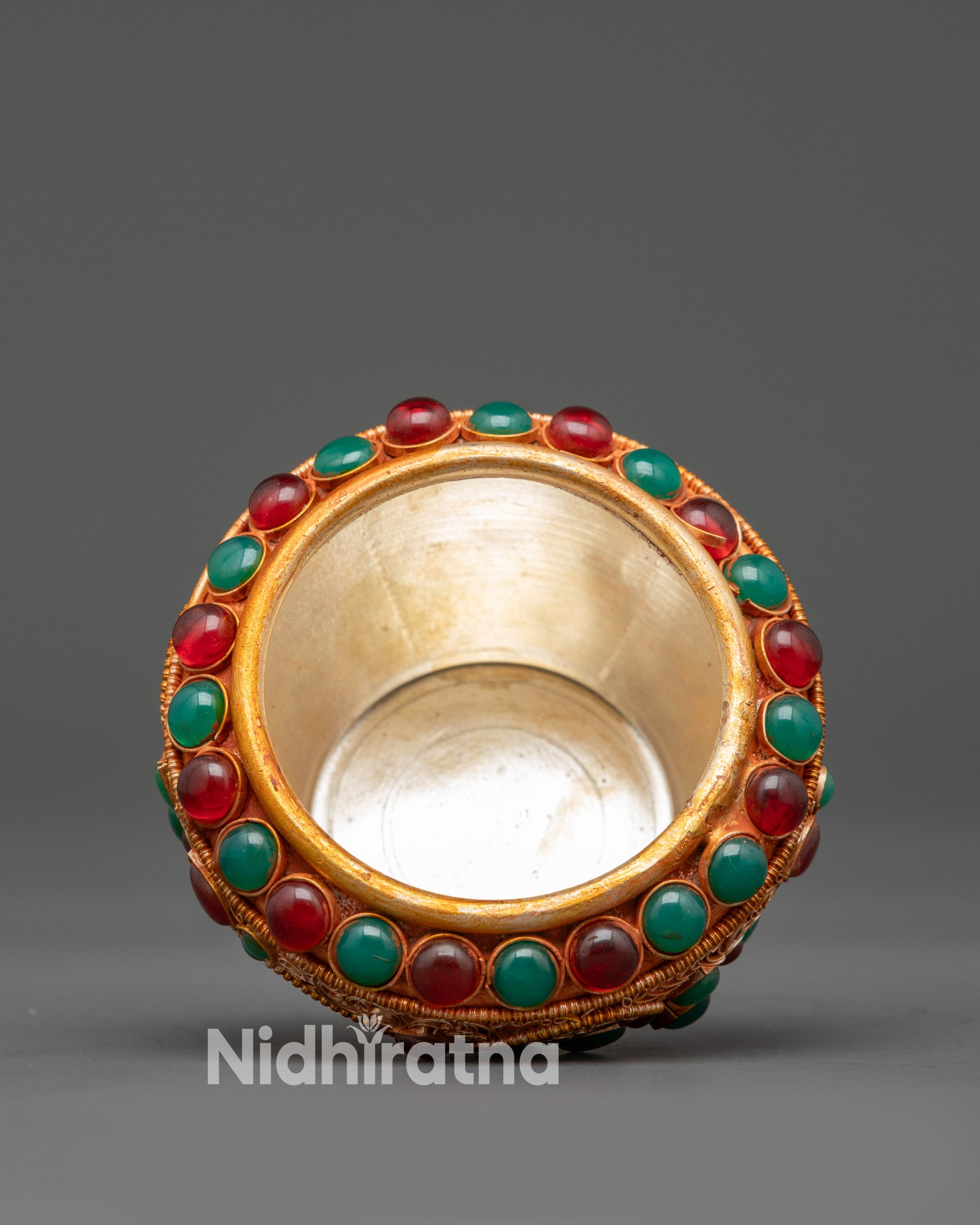 Copper and Gold-Plated Tibetan Ritual Pot Adorned with Emerald and Coral